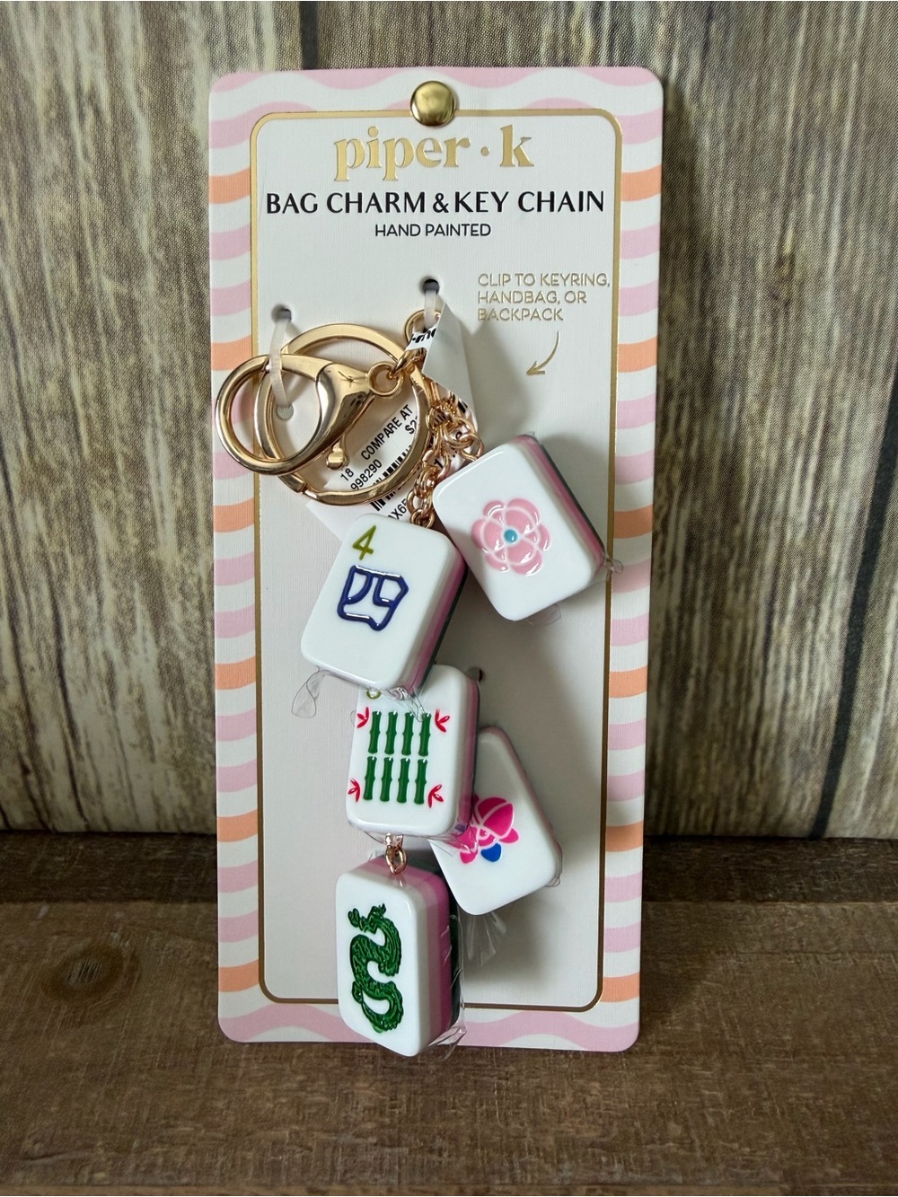 Piper Pink & Gold Mahjong Tile Bag Charm Key Chain